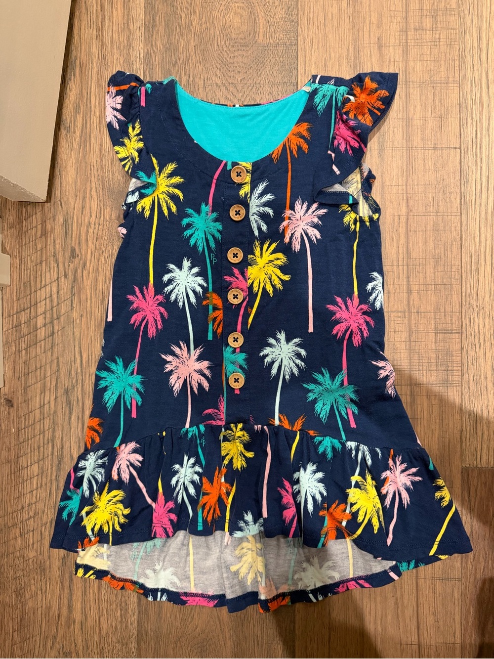 Posh Peanut Navy Palm Tree Ruffle Dress with Teal Lining